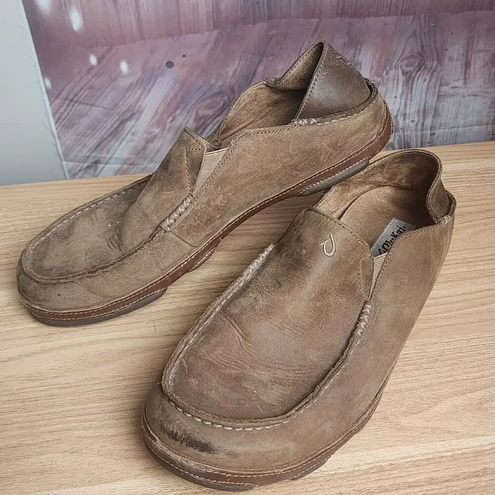 OluKai Moloa Leather Slip On Loafers Ray Toffee Mens Size 13 Casual Shoes 10128
